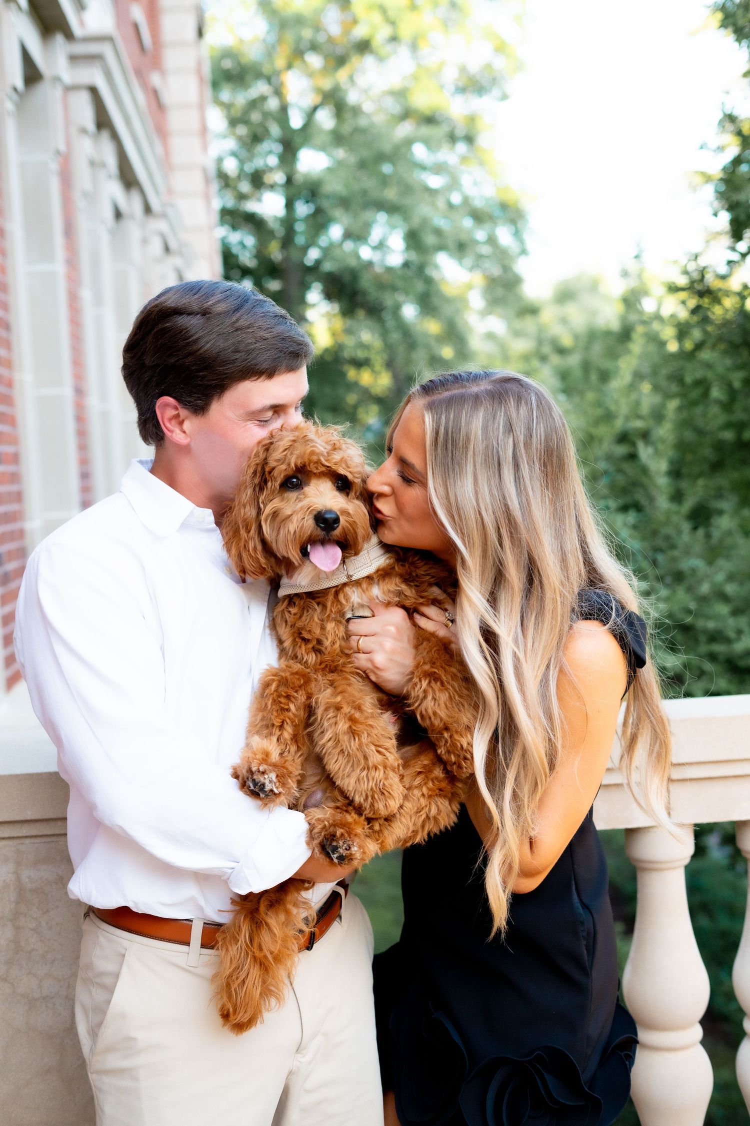 Couple kissing their fluffy golden doodle dog on a balcony, man in white shirt and woman in black dress.