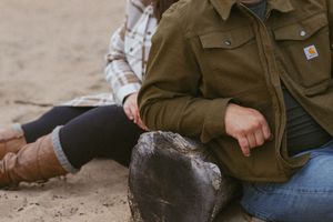 Couple sitting on sandy ground, woman in plaid shirt and boots, man in olive Carhartt jacket and jeans.