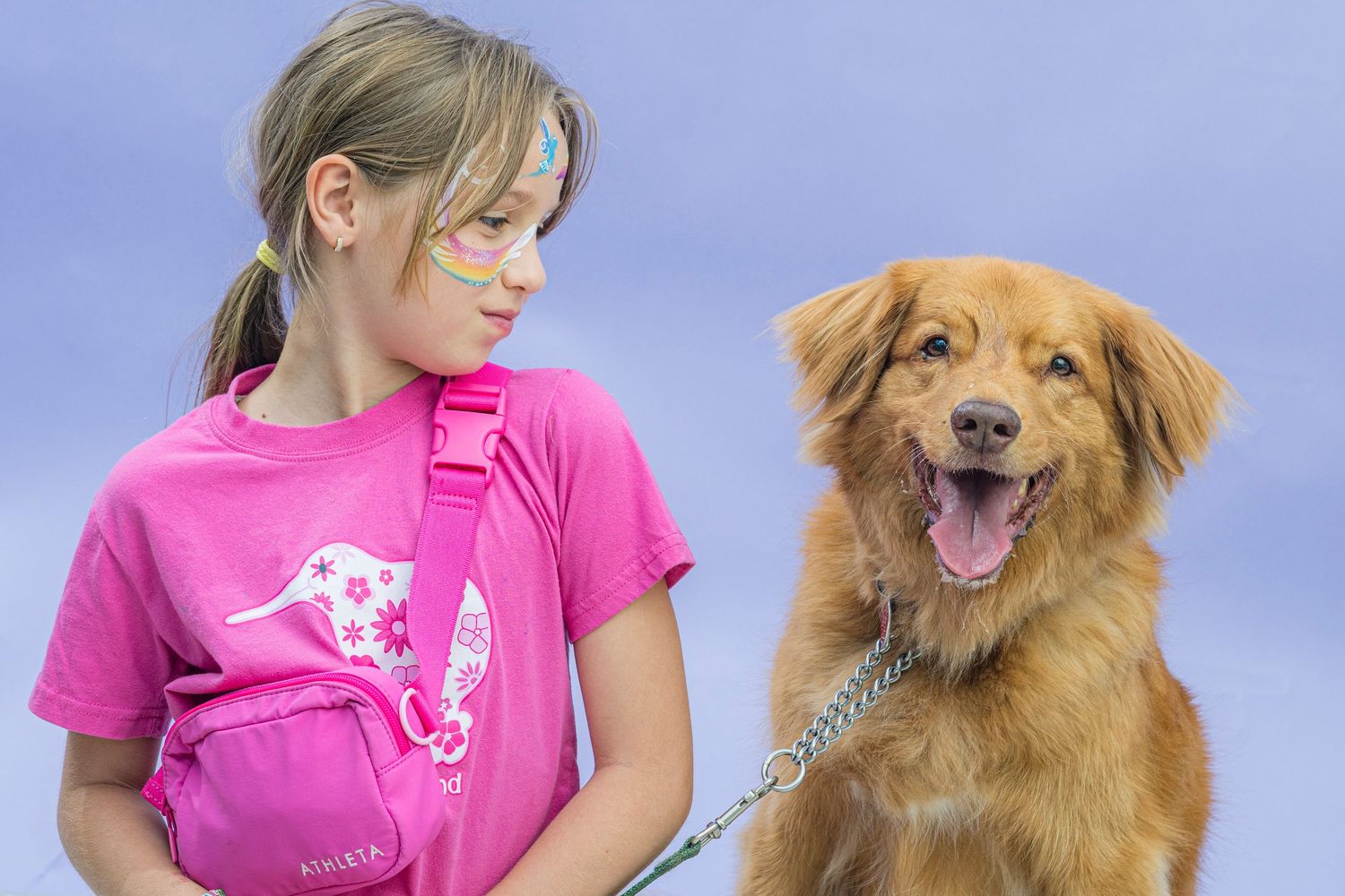 A young girl in a pink shirt with face paint smiles at a happy golden retriever on a leash.