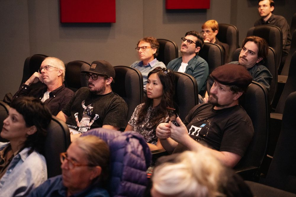Diverse audience seated in a theater, attentively watching a presentation or film screening indoors.