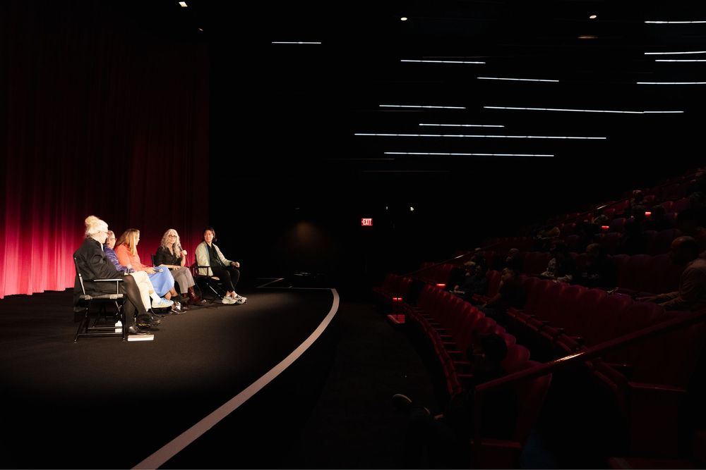 Panel discussion on stage in a modern theater with red curtains and tiered seating under dramatic lighting.