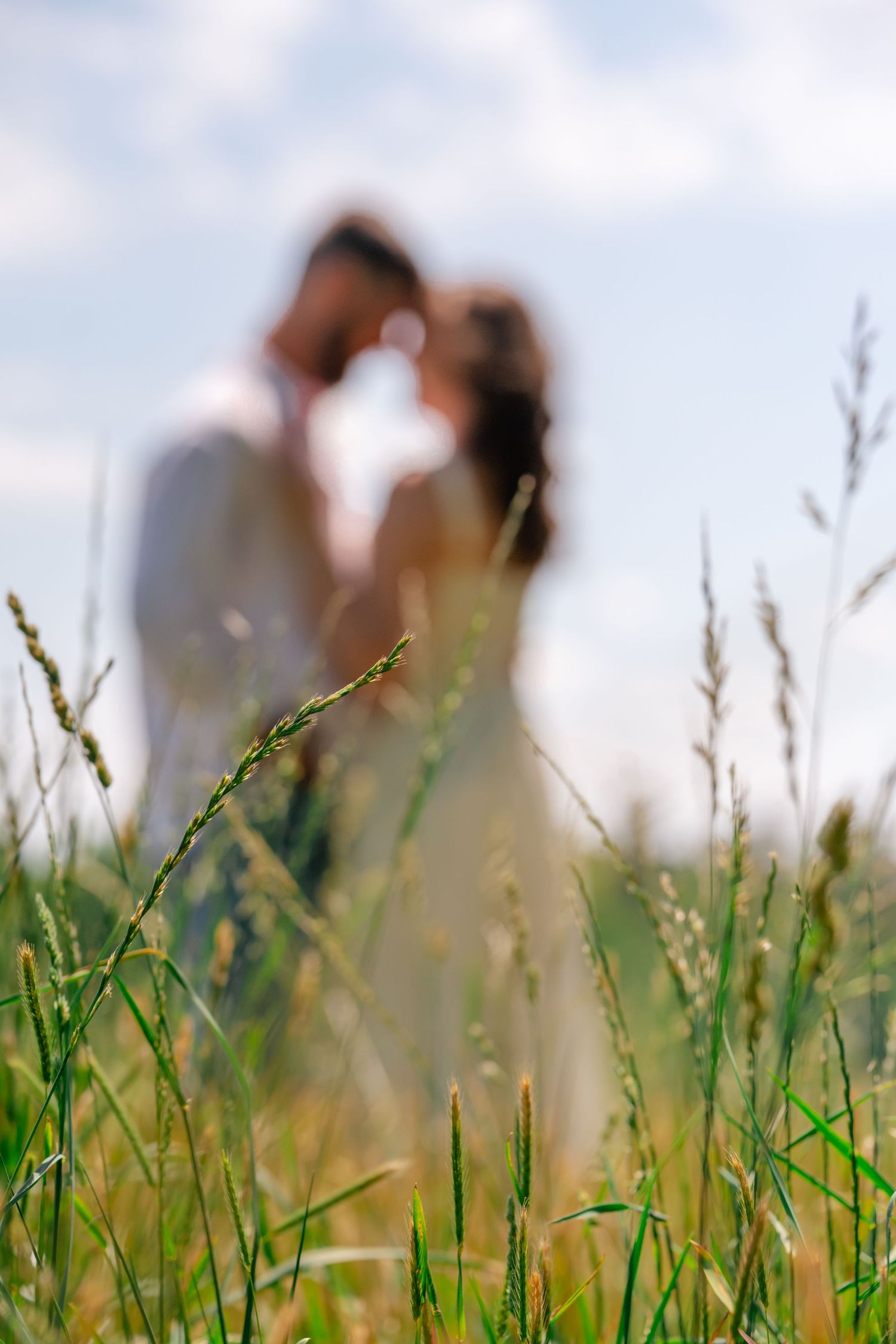 Couple sharing a romantic moment in a lush green field, with tall grass in the foreground and a blue sky behind.