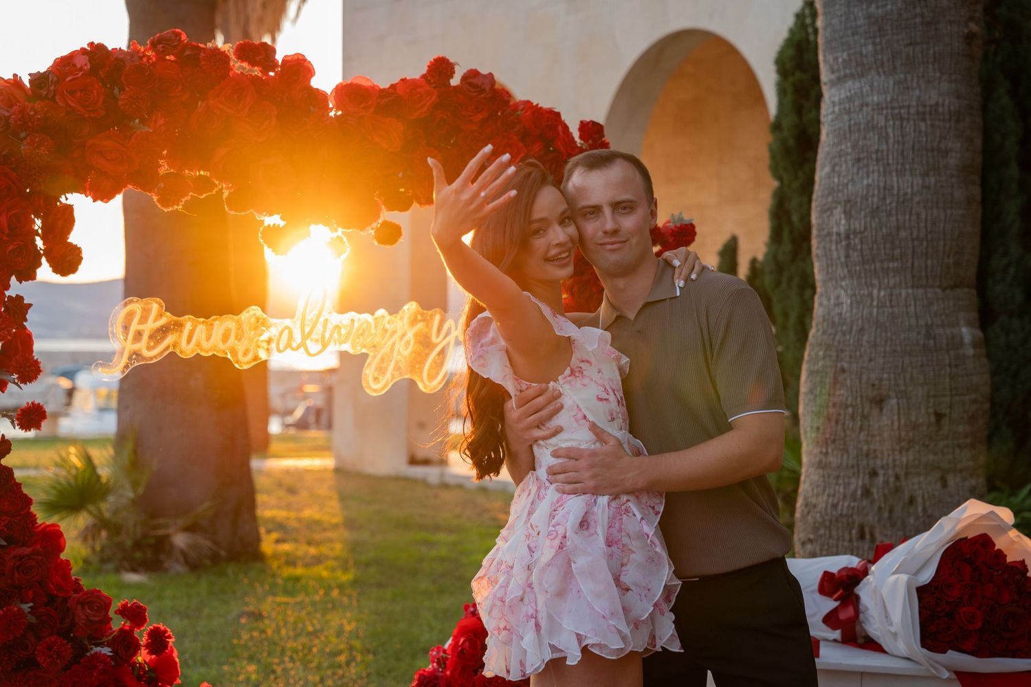 Luxury surprise proposal in Split, Croatia at sunset with romantic decorations and professional engagement photographer.