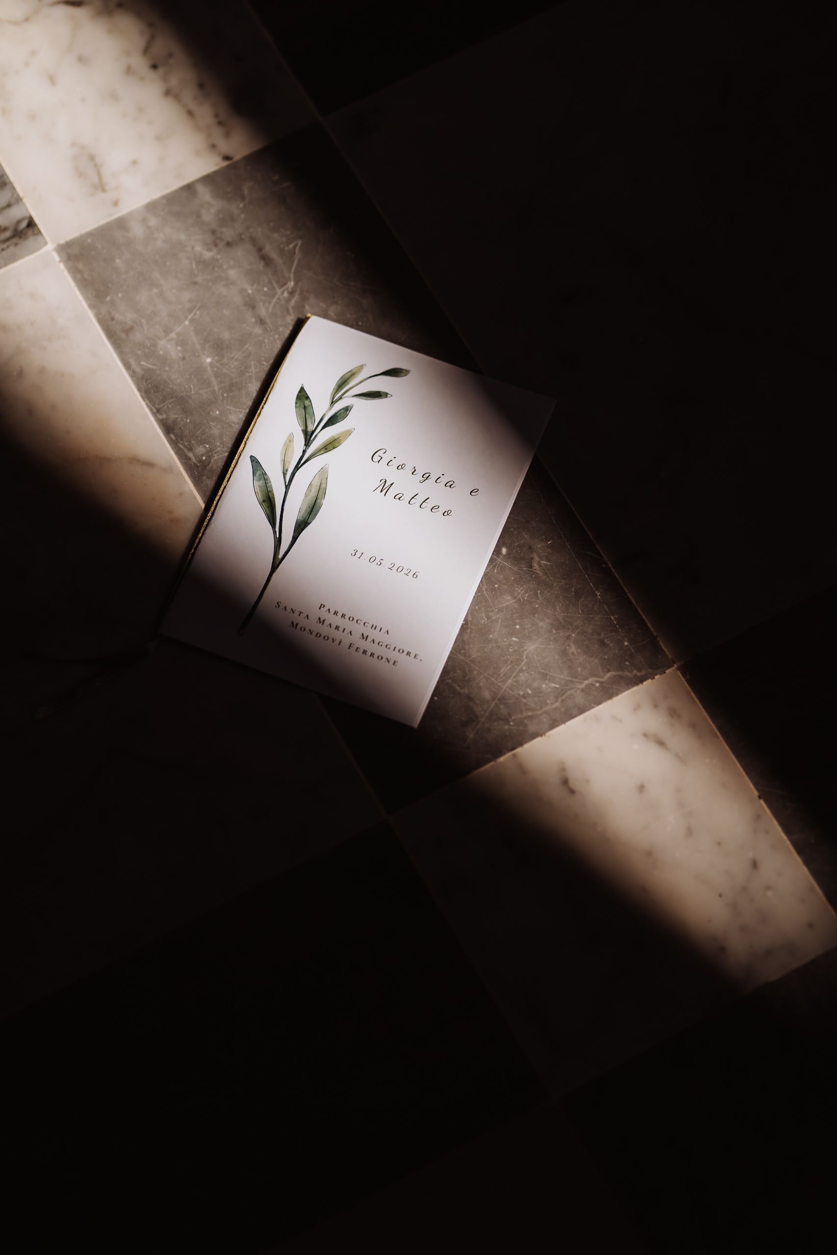 Elegant wedding program card with botanical olive branch illustration resting on marble floor in dramatic natural light.