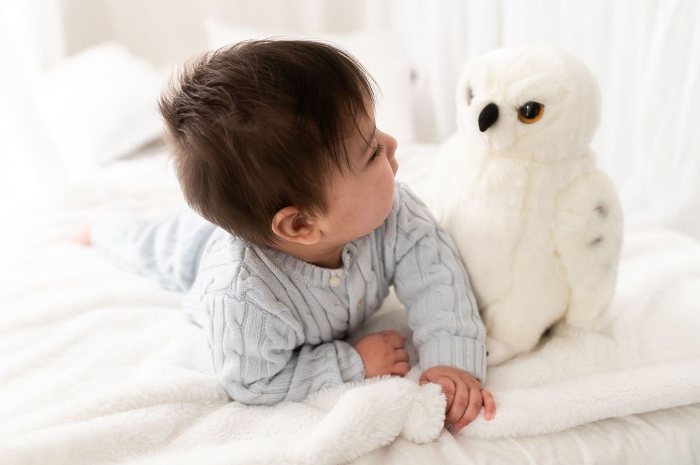 Cute baby in grey knit onesie lying on white blanket looking at stuffed owl toy.