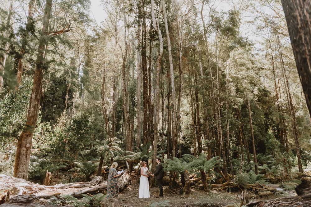 an intimate Forest ceremony in Tasmania during an adventure elopement on Hartz Mountain, captured by wedding photographer Joss Jensen