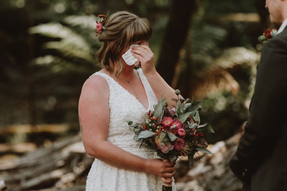 an intimate Forest ceremony in Tasmania during an adventure elopement on Hartz Mountain, captured by wedding photographer Joss Jensen