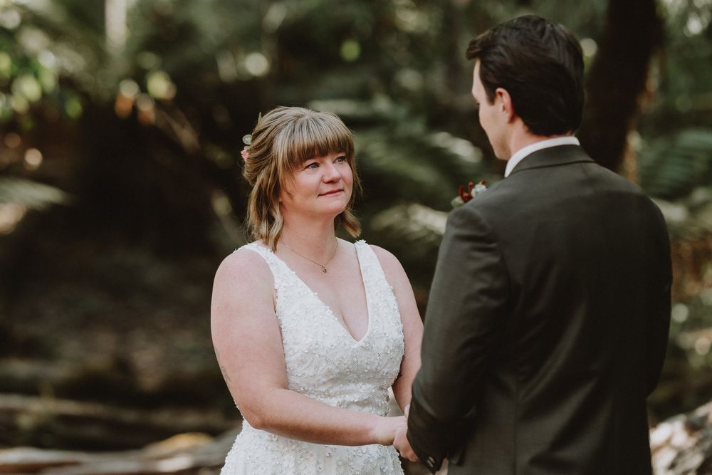 an intimate Forest ceremony in Tasmania during an adventure elopement on Hartz Mountain, captured by wedding photographer Joss Jensen
