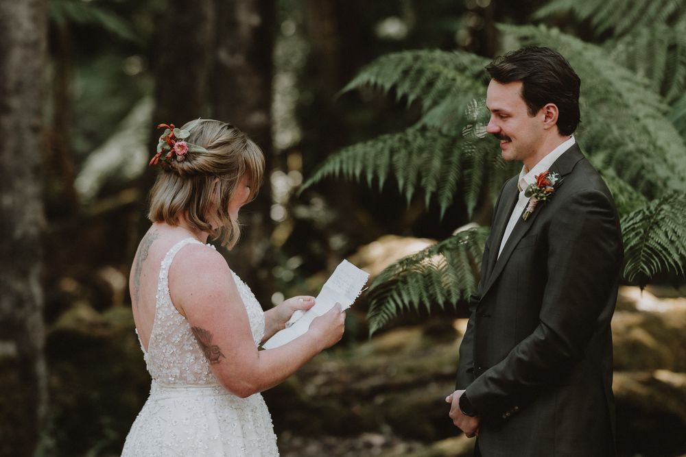 an intimate Forest ceremony in Tasmania during an adventure elopement on Hartz Mountain, captured by wedding photographer Joss Jensen