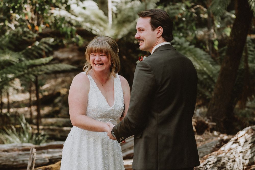 an intimate Forest ceremony in Tasmania during an adventure elopement on Hartz Mountain, captured by wedding photographer Joss Jensen