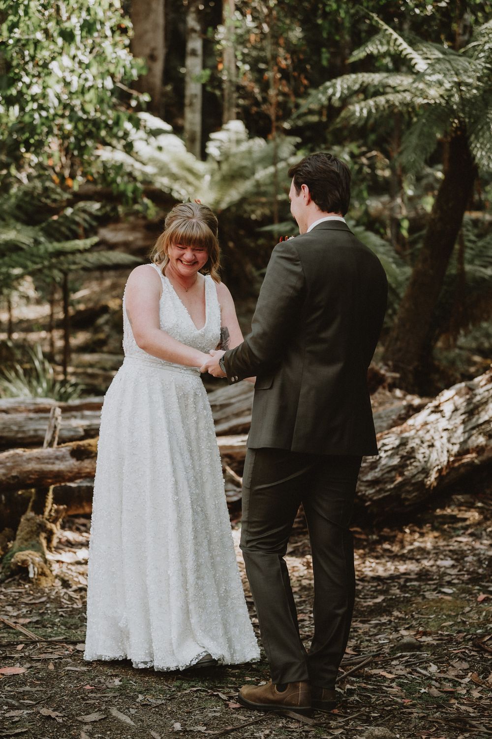 an intimate Forest ceremony in Tasmania during an adventure elopement on Hartz Mountain, captured by wedding photographer Joss Jensen