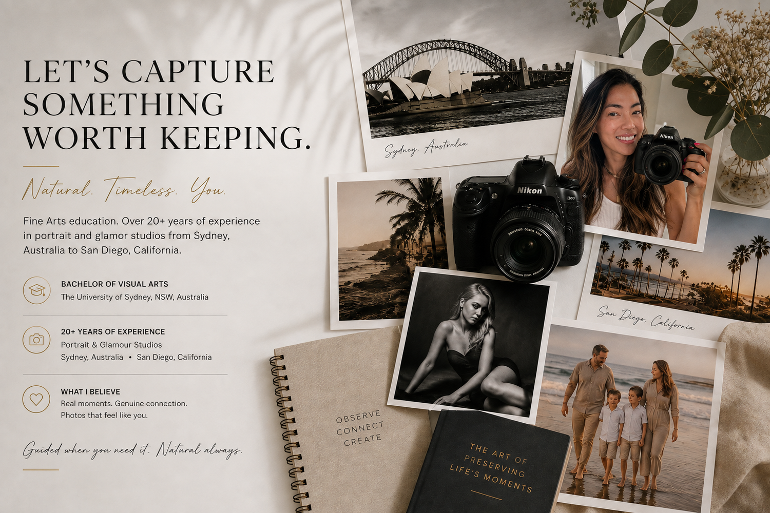 Professional photography portfolio showcasing portraits, landscapes, and camera gear with elegant text about fine arts experience.