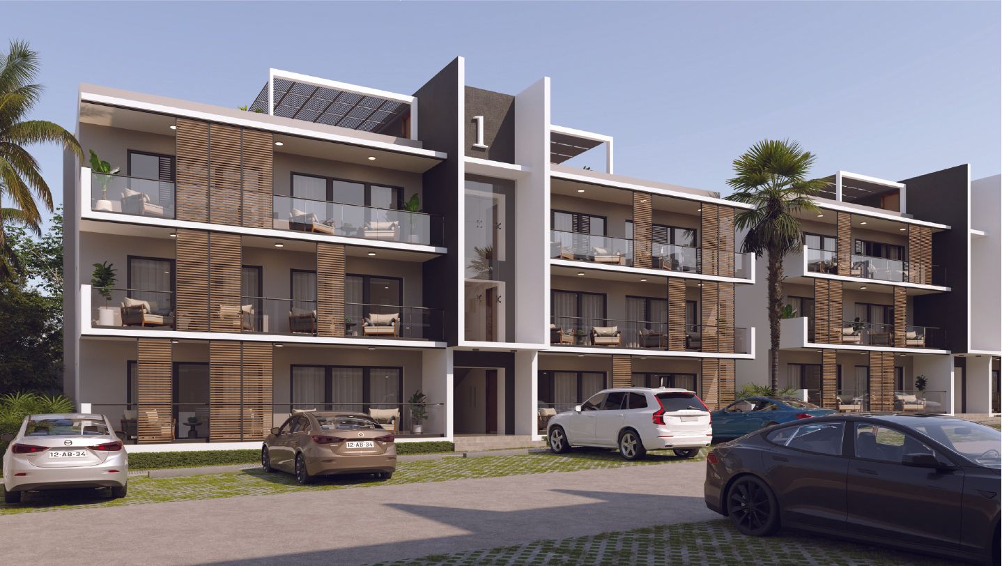 Modern three-story residential building with wood-panel balconies and parking area surrounded by palm trees.
