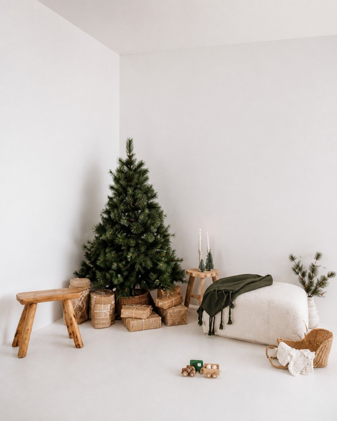 Minimalist Christmas scene with green tree, wrapped gifts, wooden stool, and cozy white pouf against white walls.
