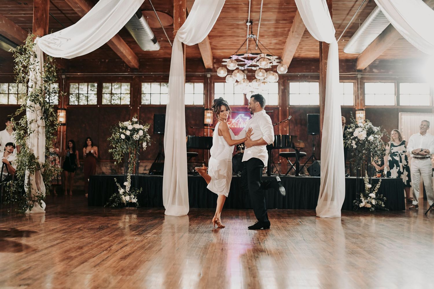 Megan and Joel sharing their first dance at The Cotton Mill
