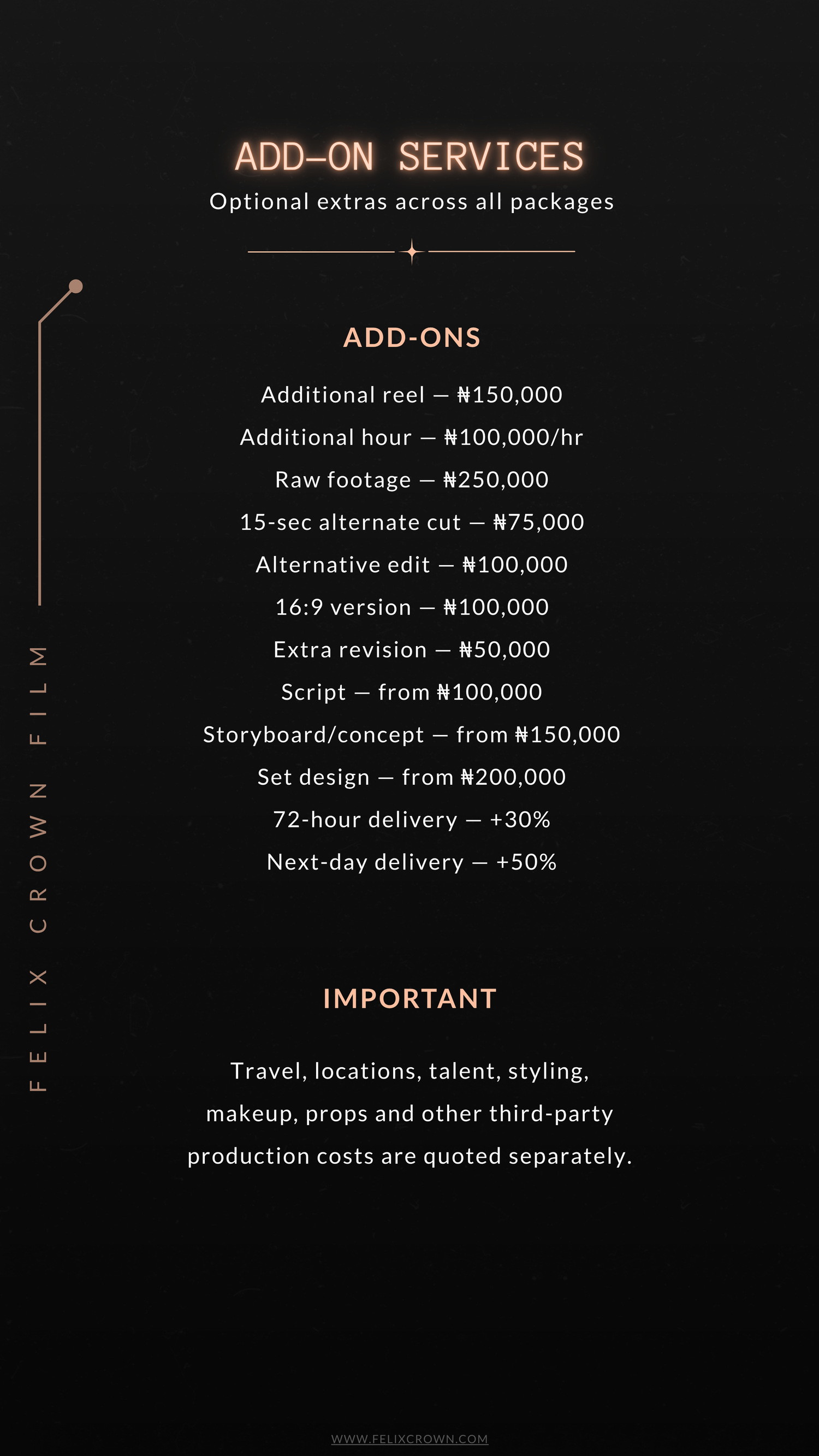 A black menu board displays Studio BYFC's photography pricing tiers for out-of-studio sessions and optional add-ons.