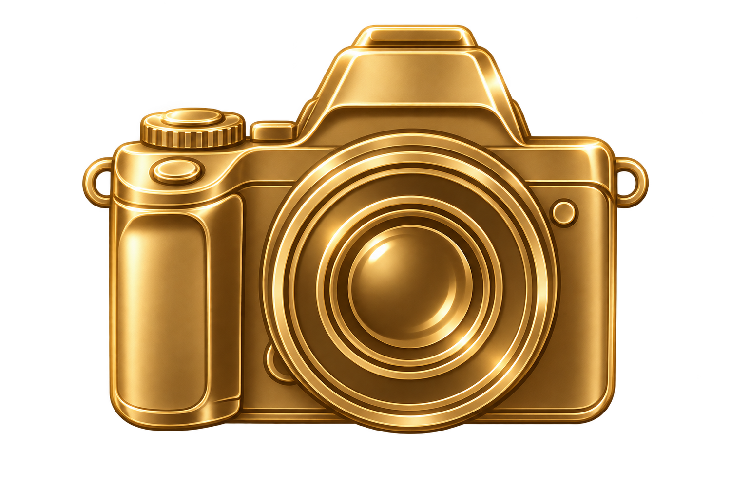 A shiny golden DSLR camera with detailed metallic finish, isolated on white background.