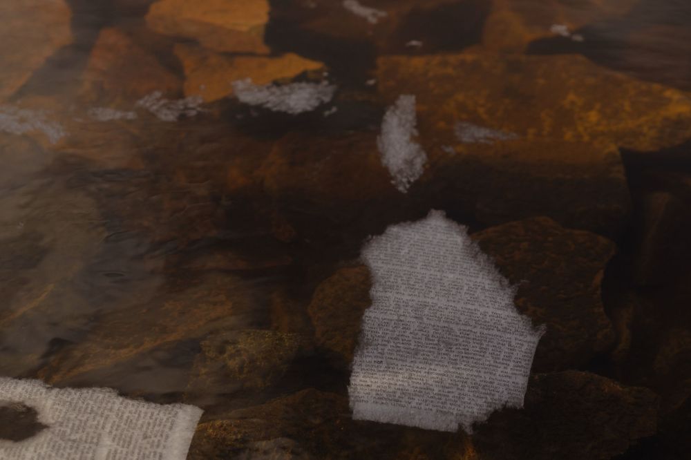 Rocks submerged under shallow clear water with light reflections creating abstract patterns on wet stones.