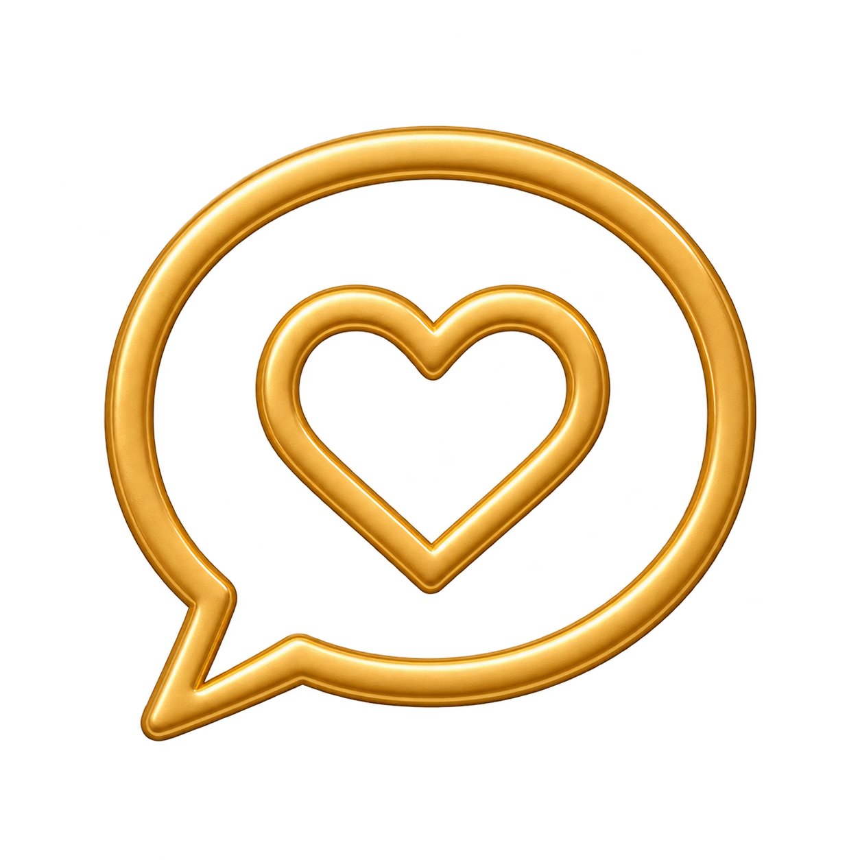 Golden 3D speech bubble icon with a heart symbol, representing love, messaging, and social media communication on white background.
