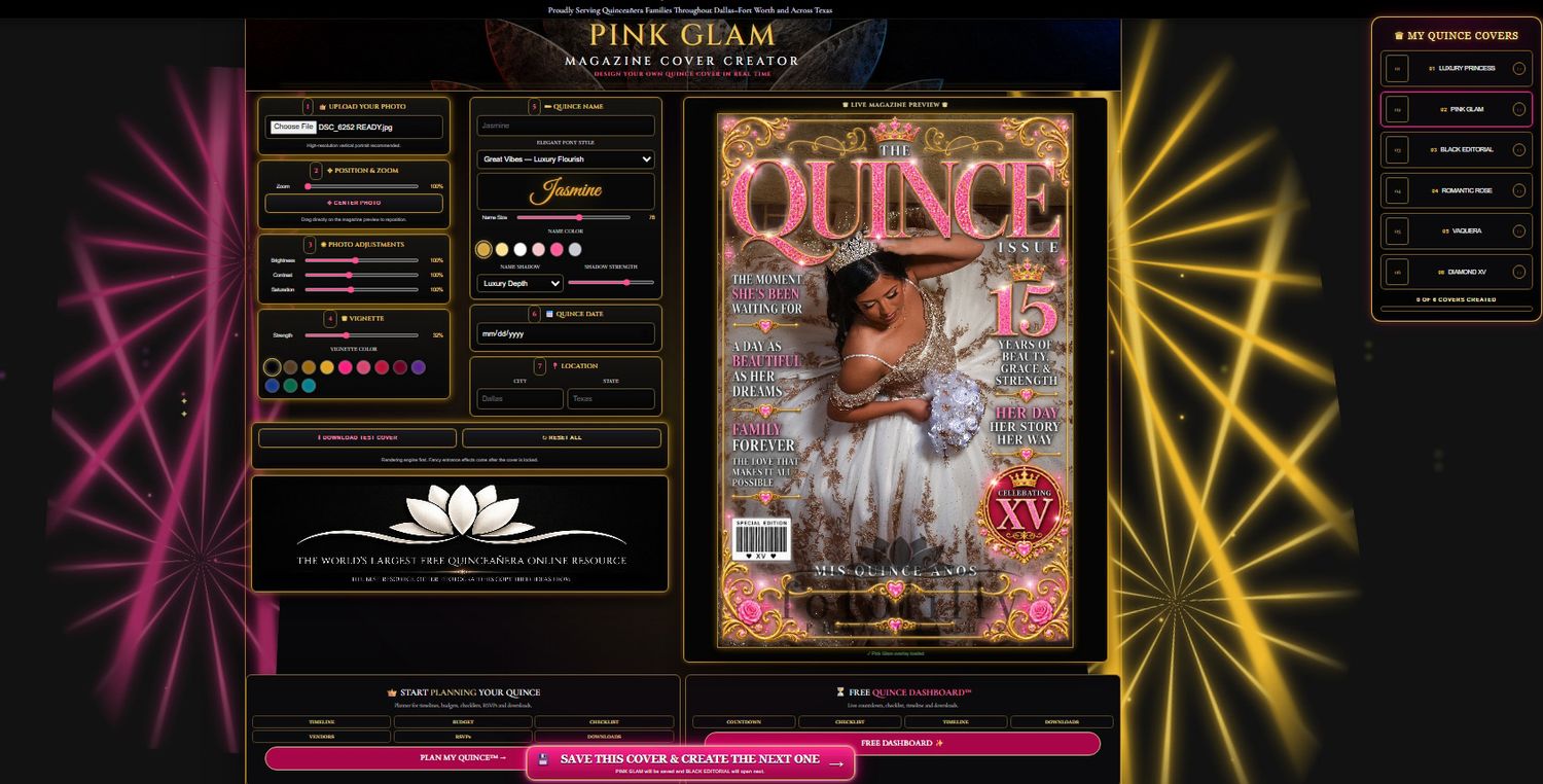 FREE Quinceañera magazine cover ideas using Quince portraits, dress photos, XV pictures, poses and personalized magazine designs online