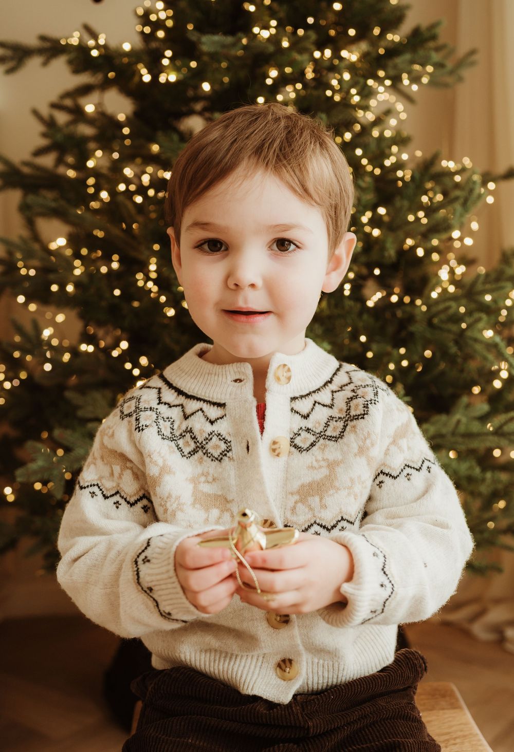 Young boy in Nordic sweater holding ornament before lit Christmas tree.
