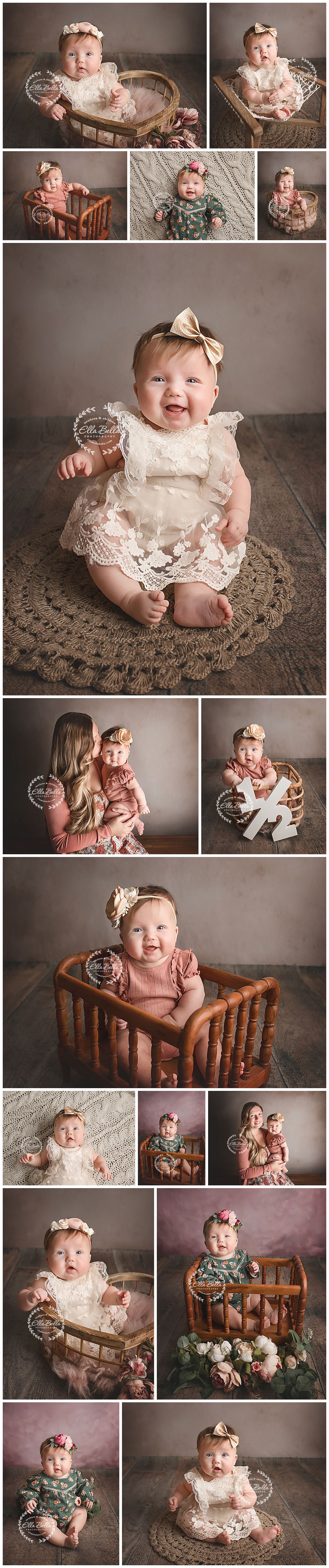 Adorable baby girl in lace dress and bow headband poses in vintage wooden props for a 6-month milestone photography session.