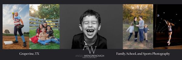A collage of family and sports photography featuring children playing, laughing, and posing outdoors in Grapevine, TX.