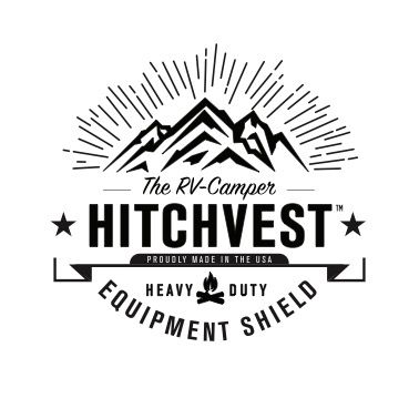 The RV-Camper Hitchvest heavy duty equipment shield logo with mountain and campfire design.