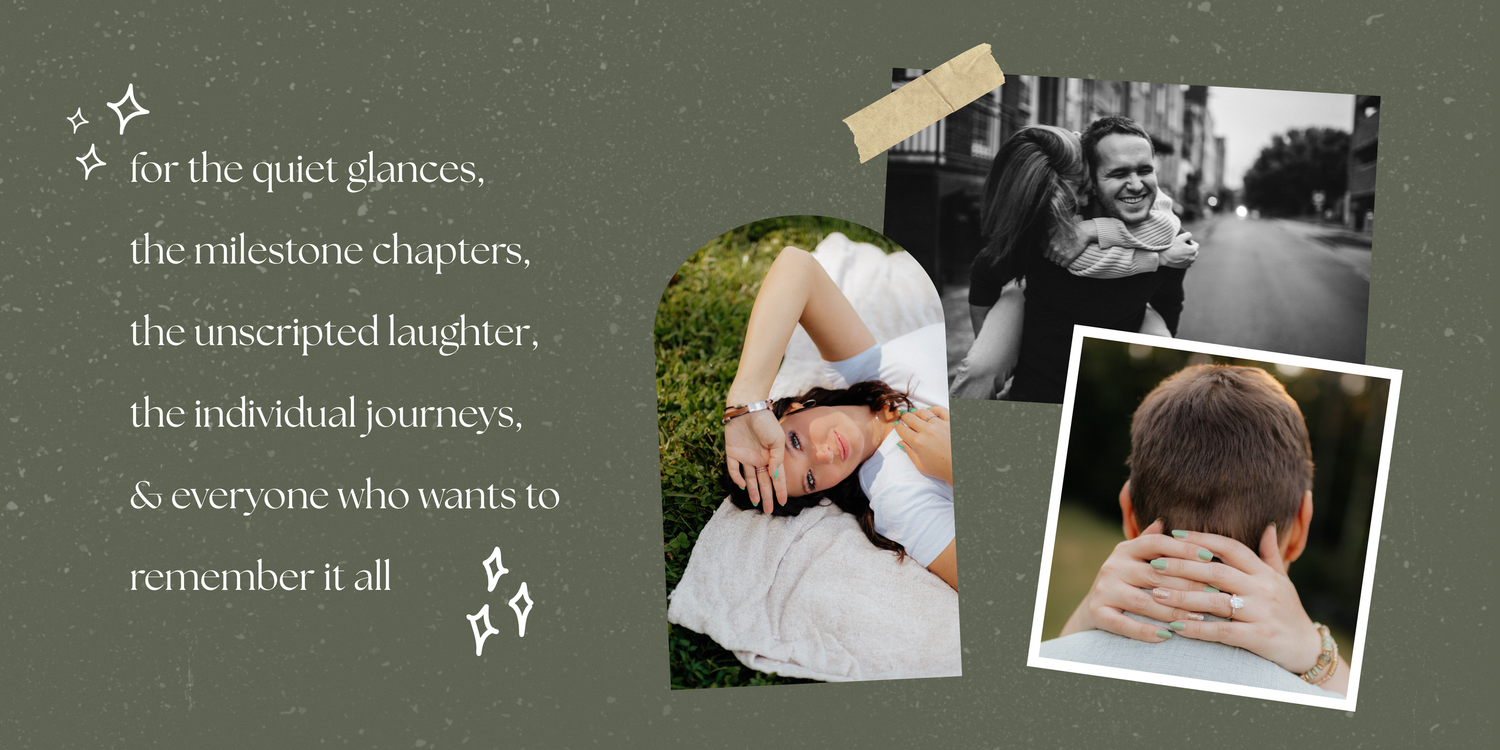 Collage by Ella Monroe Photography featuring a senior portrait laying in a field, a black and white couples piggyback ride, and a close-up e