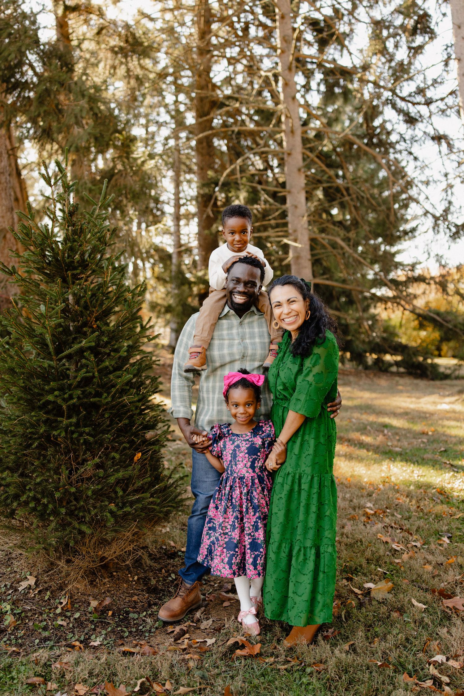 Happy interracial family of four posing outdoors near pine trees, father carrying child on shoulders, mother in green dress.