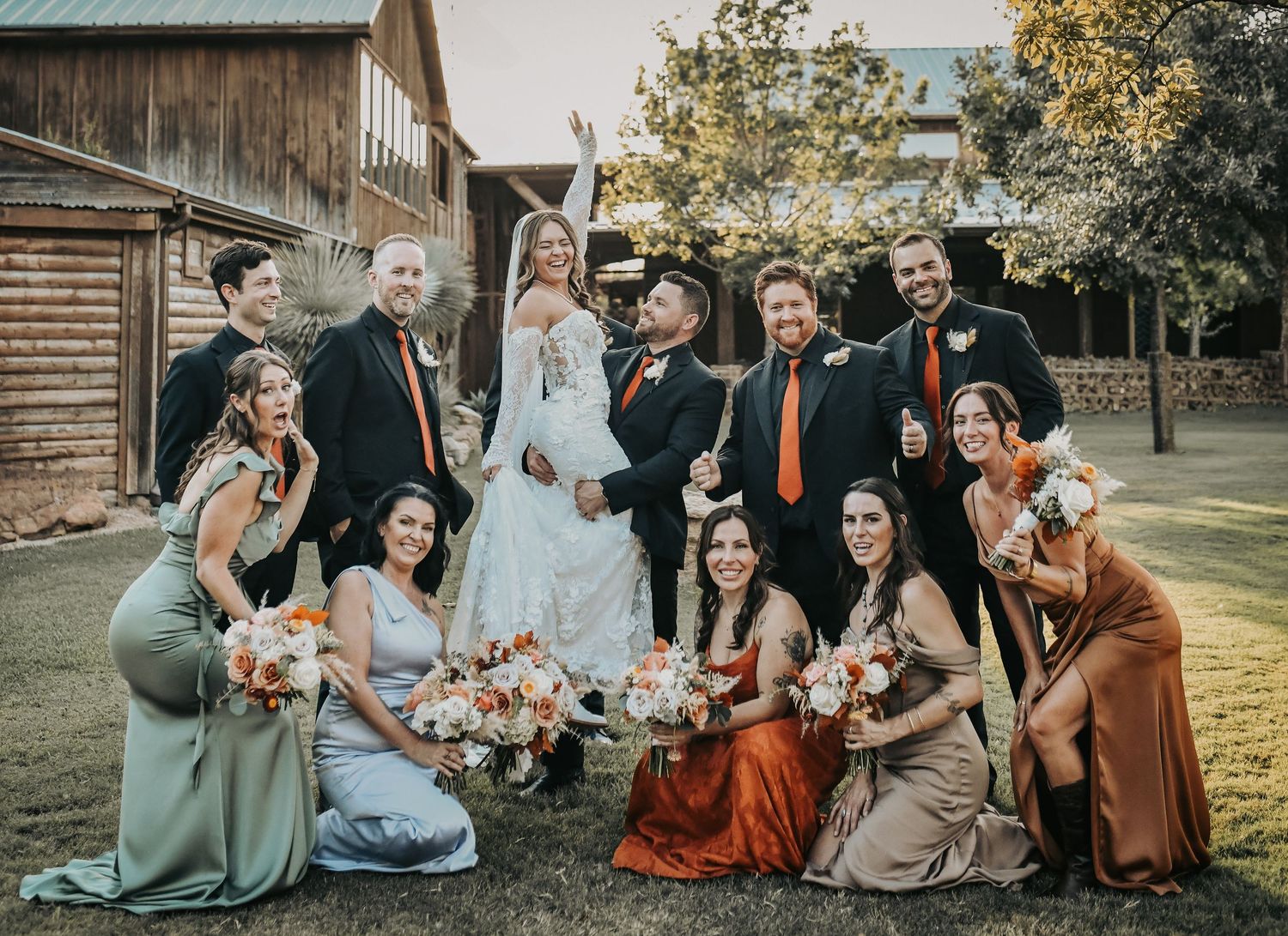 Fall wedding party portraits in a rustic Texas ranch setting
