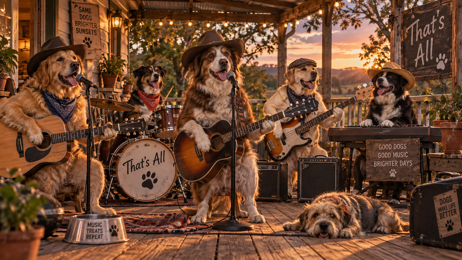Whiskers & Co song That’s All – cheerful band of dogs playing guitars and drums together on a verandah
