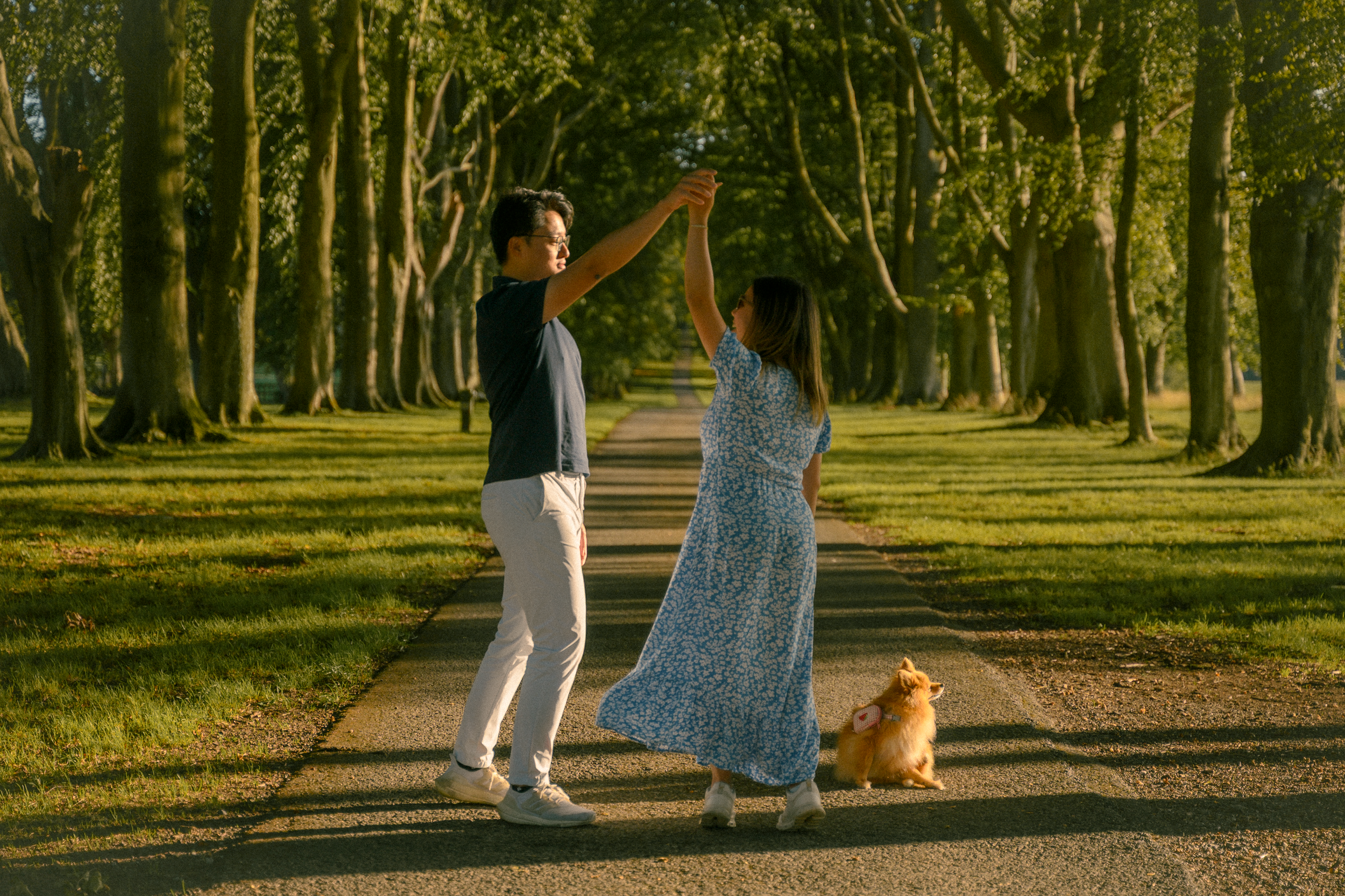 Couple dancing joyfully on a tree-lined path in golden sunlight with a corgi sitting nearby.