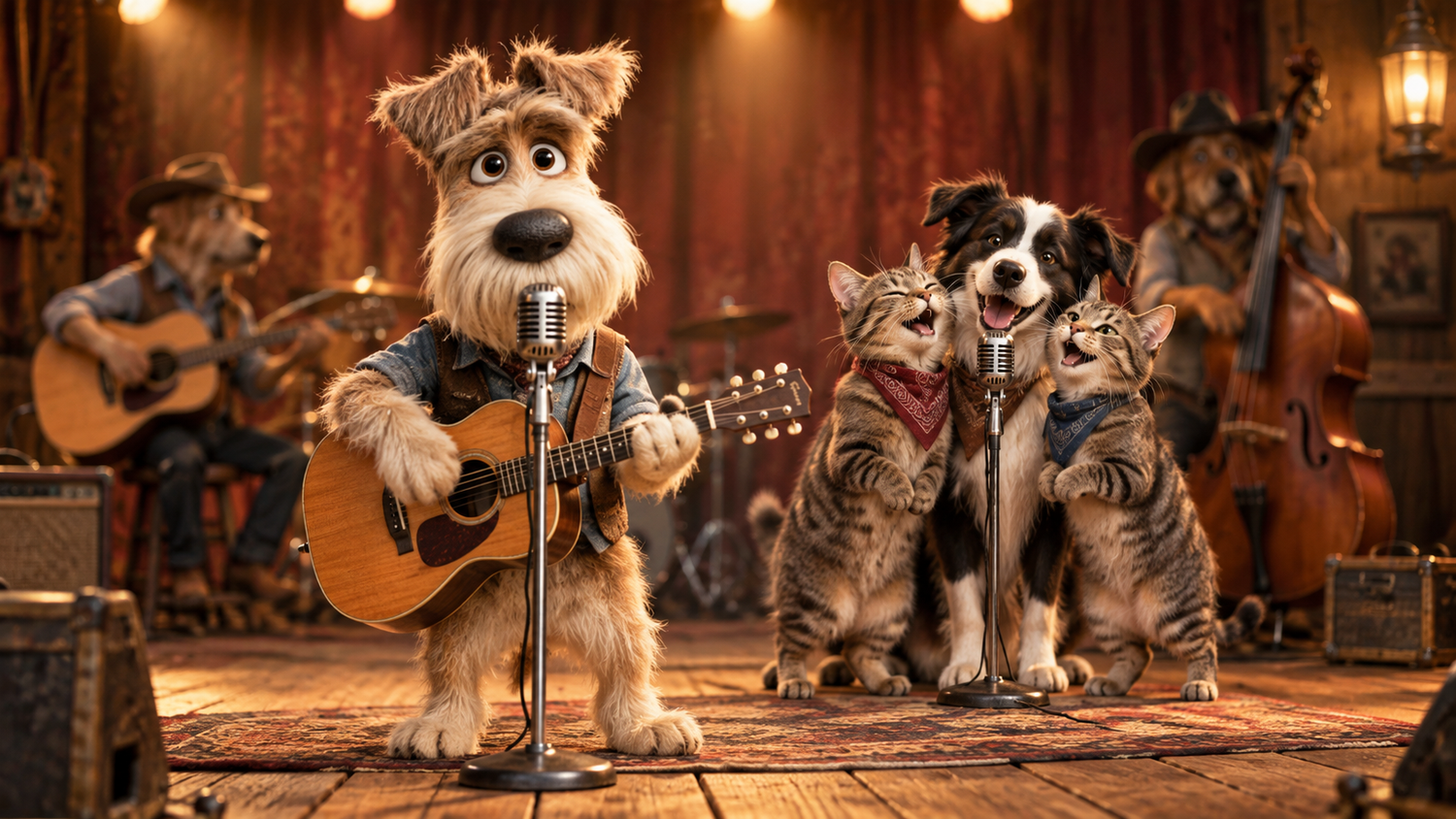 Whiskers & Co song Woof – illustrated dog and cats performing together on stage