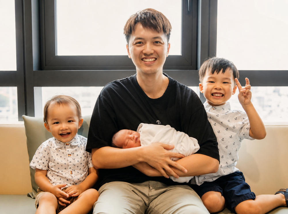 Smiling Asian father poses with newborn baby and two young children.