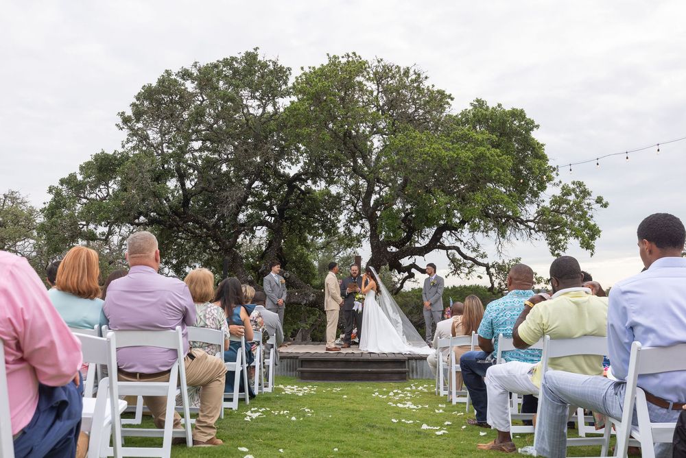 Wedding guests seated in white folding chairs watch an outdoor ceremony as a bride and groom stand beneath large oak trees on a cloudy day.