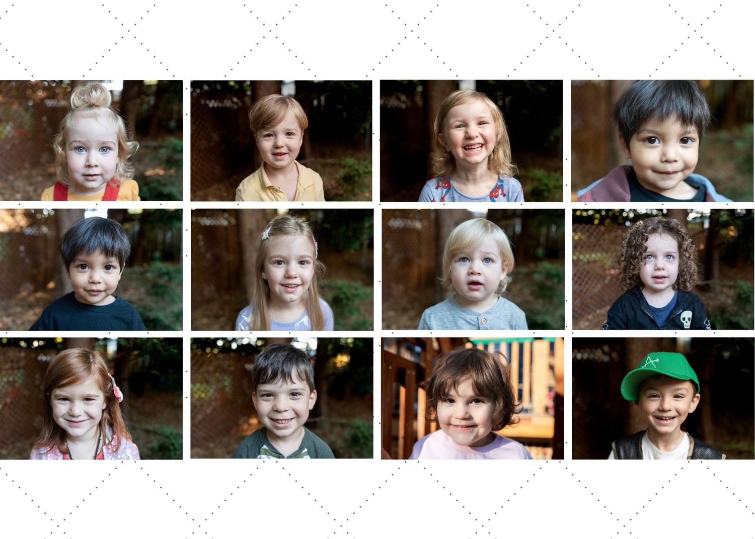 A photo collage grid showing multiple candid portraits of children in casual settings with various expressions and poses.