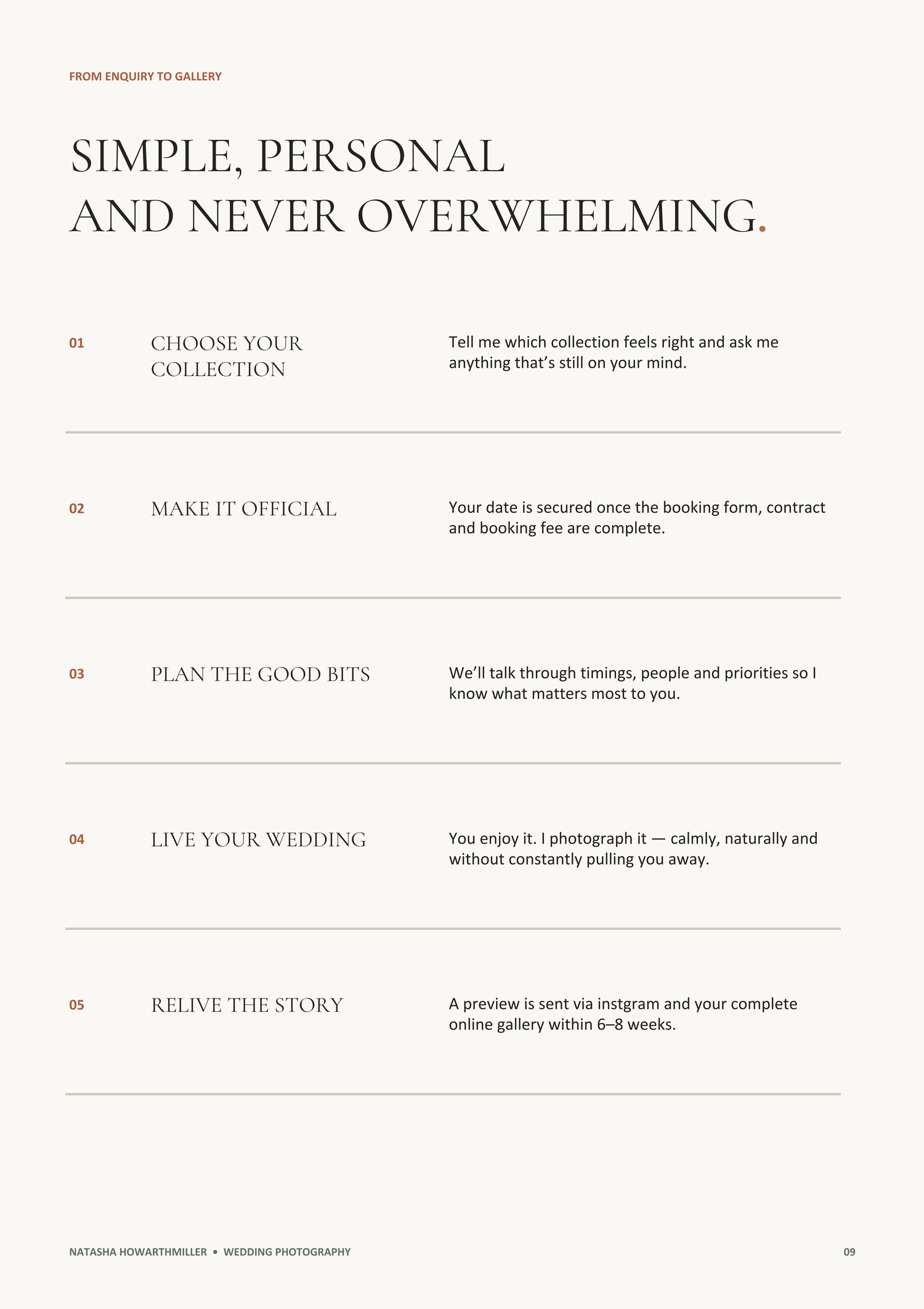 A minimalist wedding photography guide outlining five simple steps from enquiry to gallery delivery.