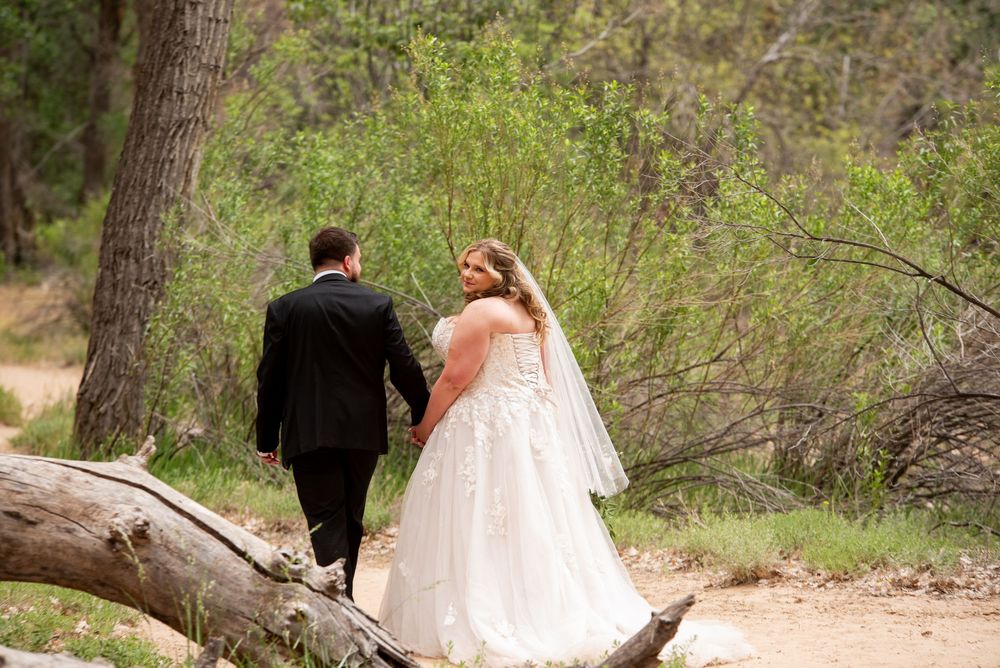 Bride and groom walking hand in hand on a forest path, bride wearing a white ballgown with veil.