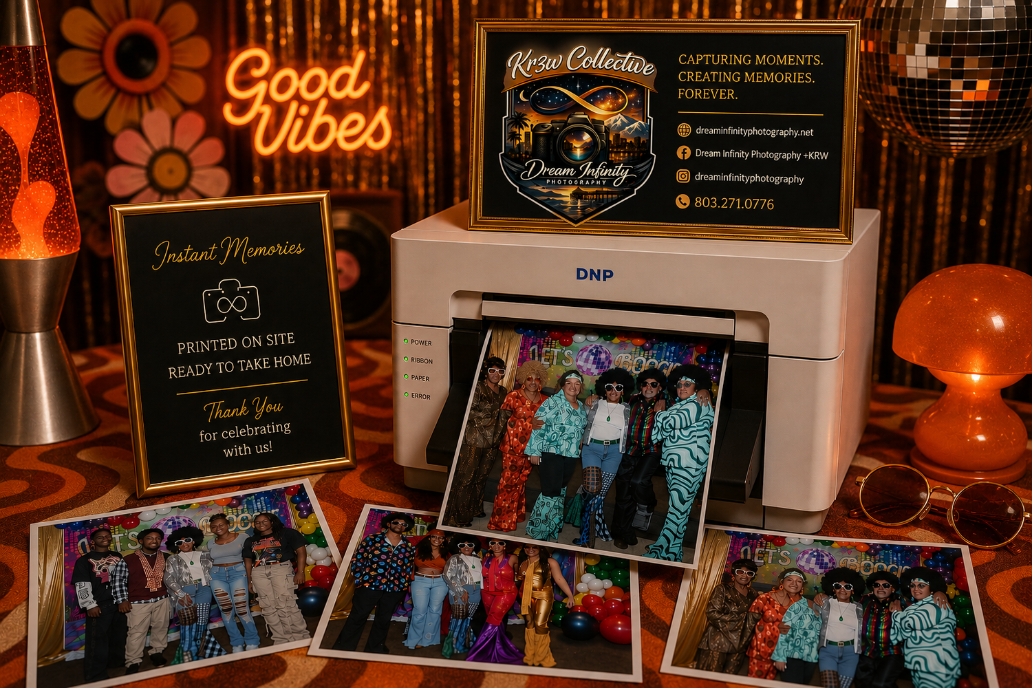 Retro-themed photo booth setup with DNP printer, printed photos, neon Good Vibes sign, and colorful group portraits on display.