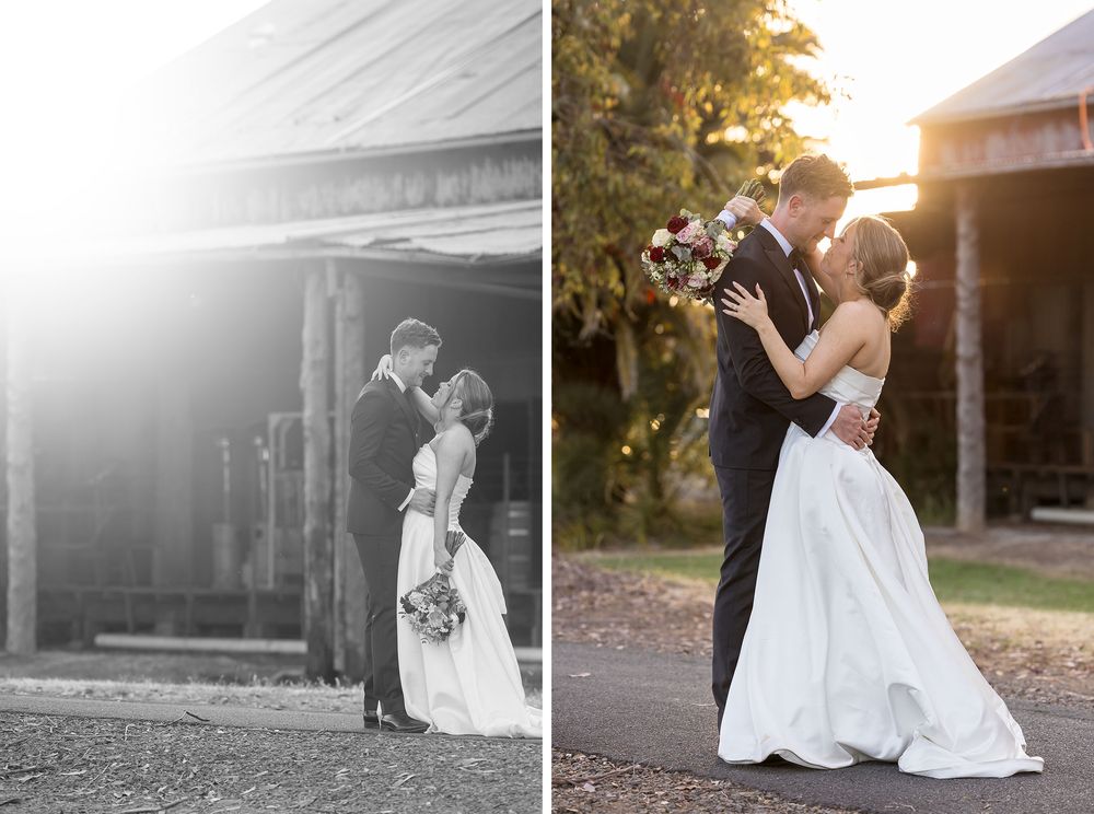 Bride and groom share a romantic embrace at golden hour in front of a rustic wooden barn, in a two-photo wedding collage.