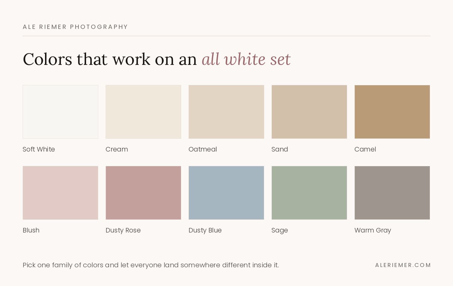 Color palette guide showing 10 swatches for all-white sets, including Soft White, Cream, Oatmeal, Sand, Camel, Blush, Dusty Rose, Dusty Blue