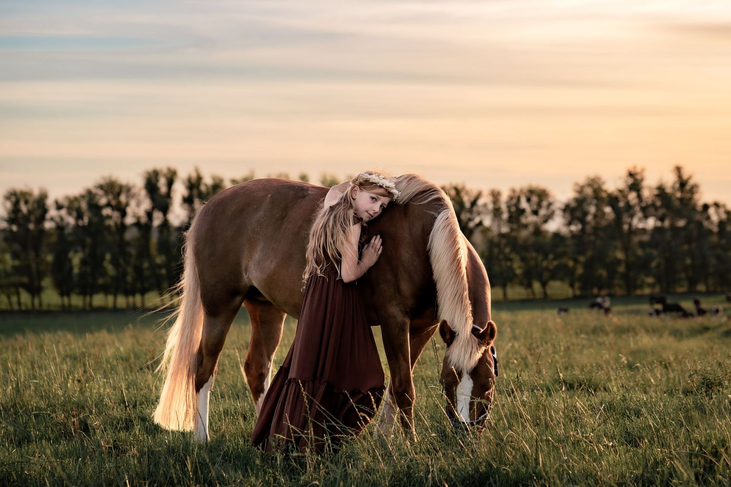 Two horses graze in a peaceful meadow at sunset with figure in burgundy dress.