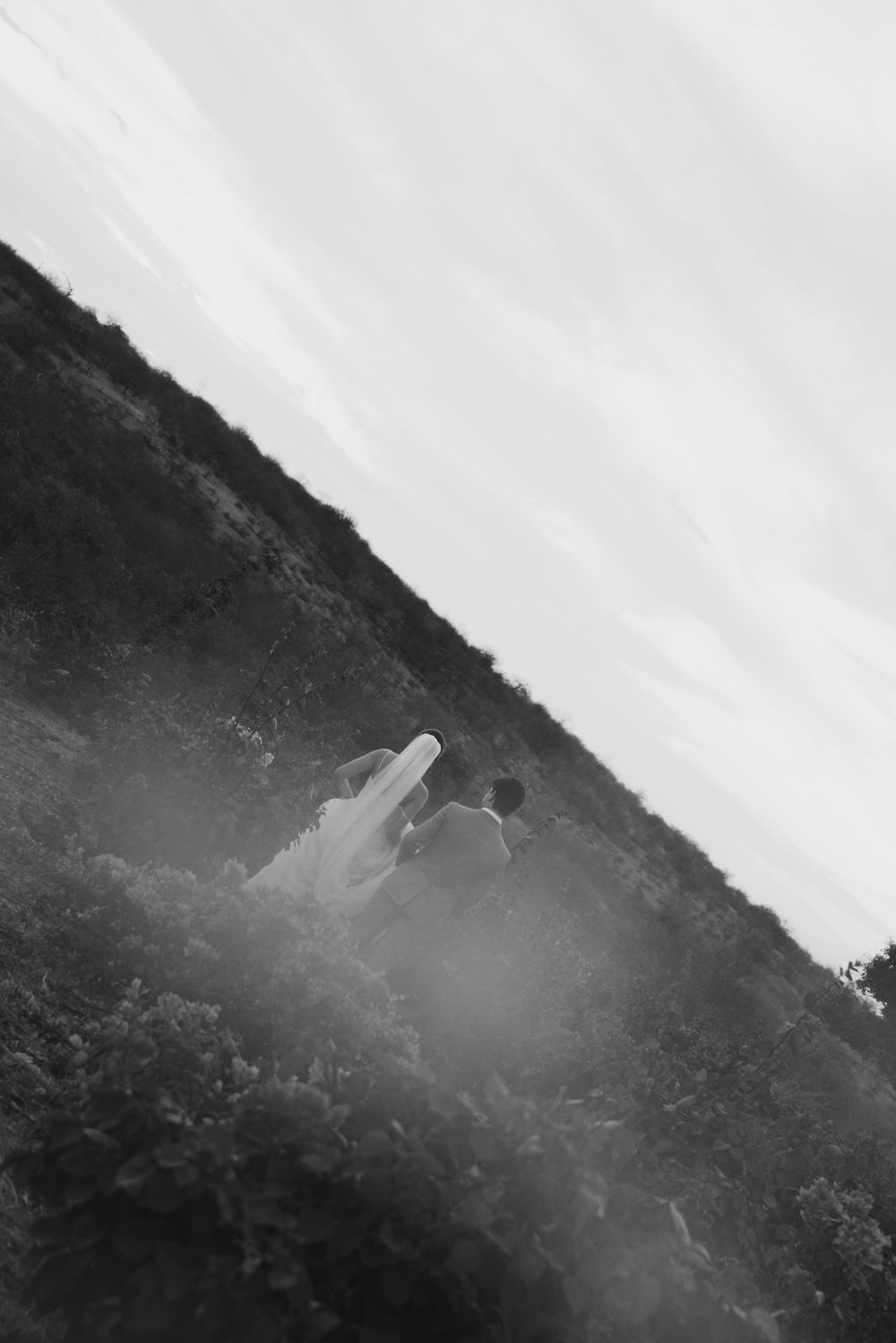 Black and white silhouette of wedding couple on misty hillside.