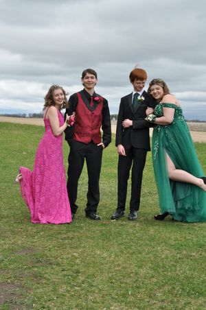 Group in formal attire poses playfully on grassy field under cloudy sky.