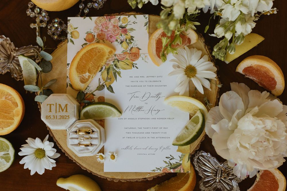 Vibrant Spring wedding details flatlay