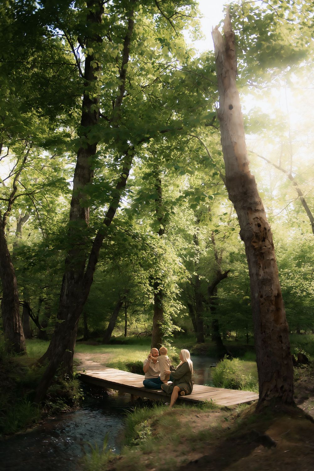 Sunlight filters through lush green trees beside a tranquil stream, creating a peaceful forest scene with wooden benches nearby.
