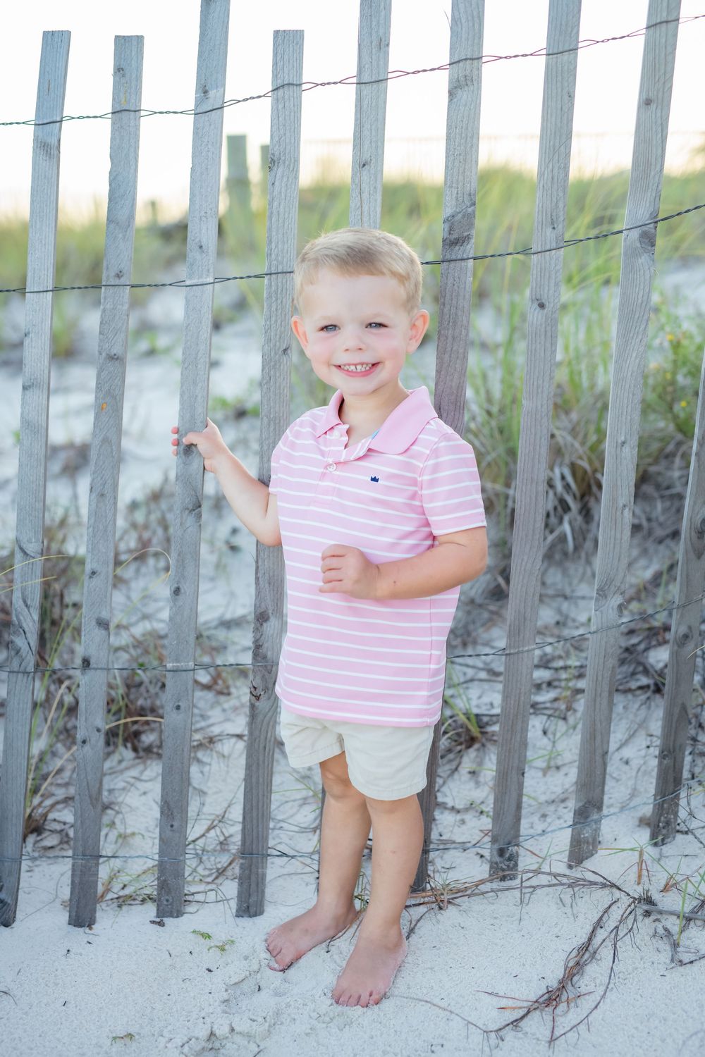 Three matching beach photos show children playing near wooden fence posts on sand dunes at sunset.