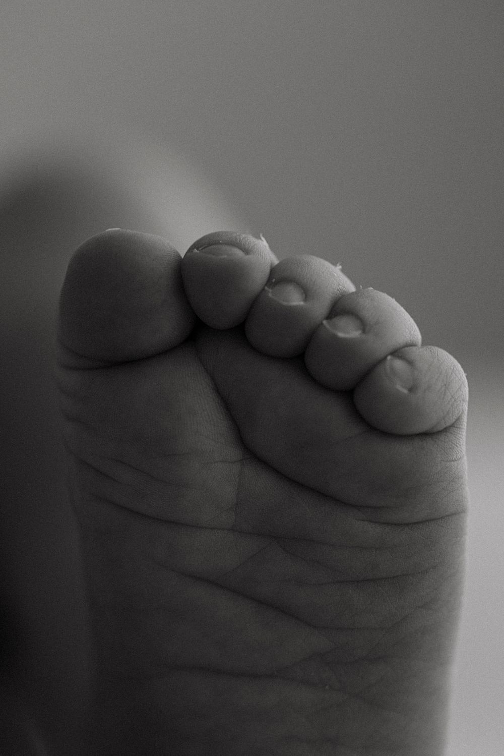 Close-up black and white macro photo of tiny newborn baby toes and wrinkled foot sole.