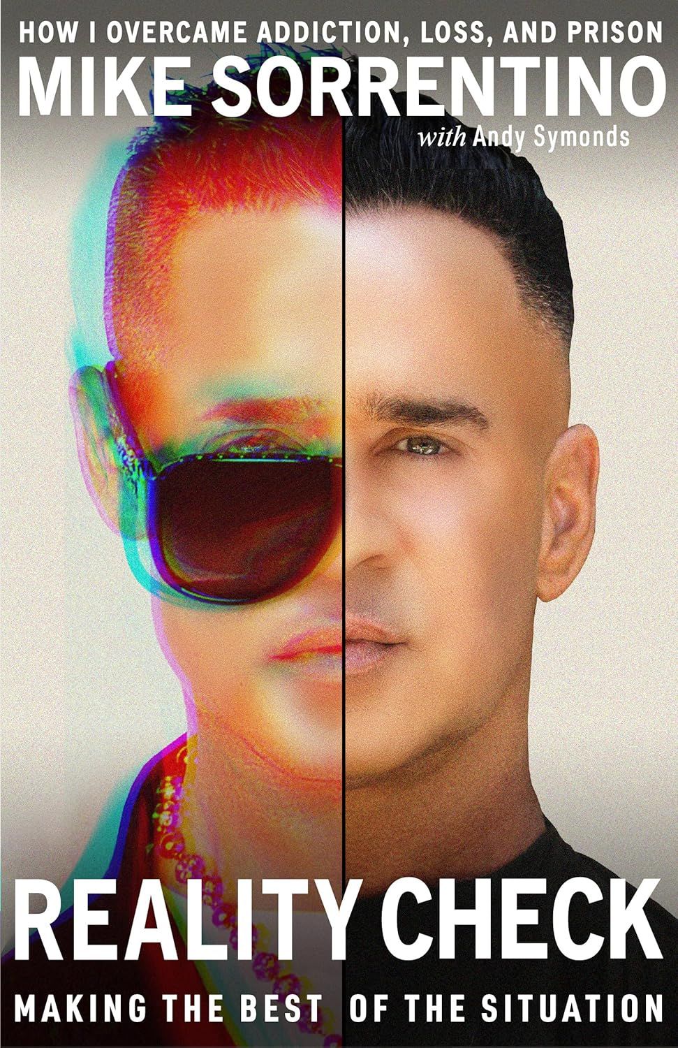Book cover of Reality Check by Mike Sorrentino showing split-face portrait with sunglasses half, subtitle Making the Best of the Situation.